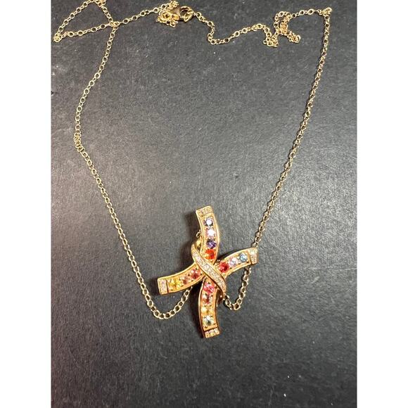 NEW Rainbow sapphire curved cross pendant and chain in gold over sterling silver - Picture 6 of 13